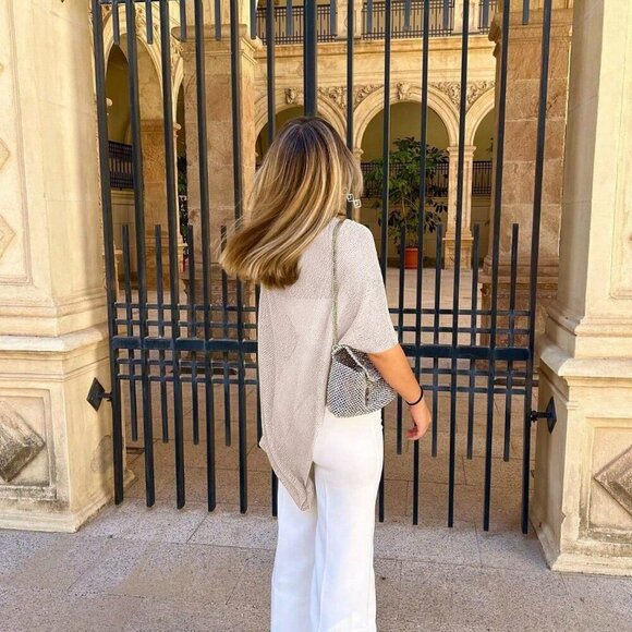 Khaki Color Elegant Women's Loose Knit Shawl poncho kint top - Picture 3 of 7